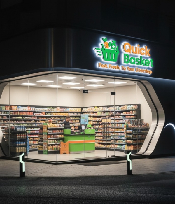 A vibrant storefront of a modern grocery store.